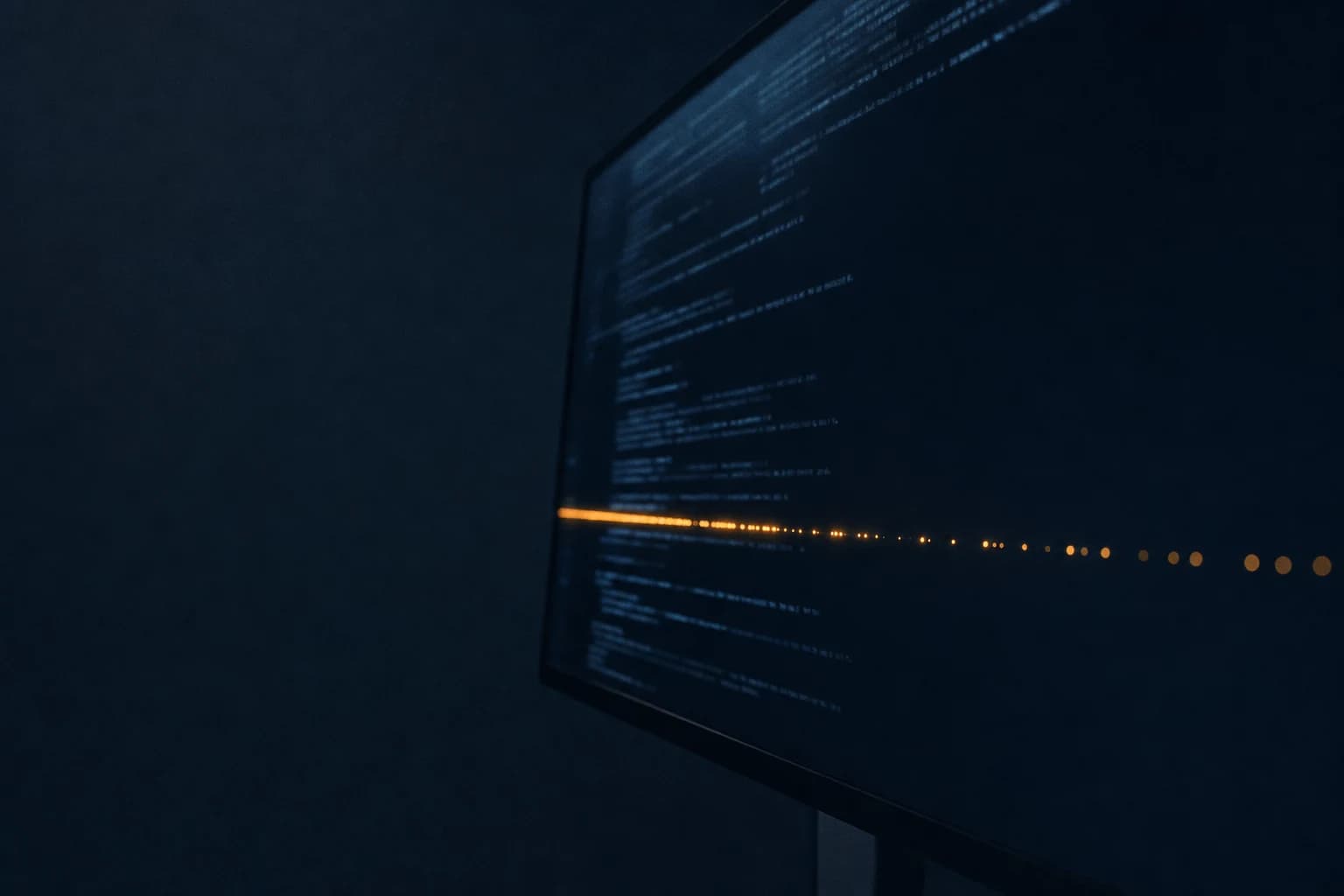 Dark workstation with Python code and a single amber trace moving through it
